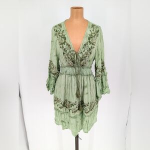 Anisa Spain Womens M/L Fairycore Mini Dress Beaded Tasseled Smocked Waist Boho